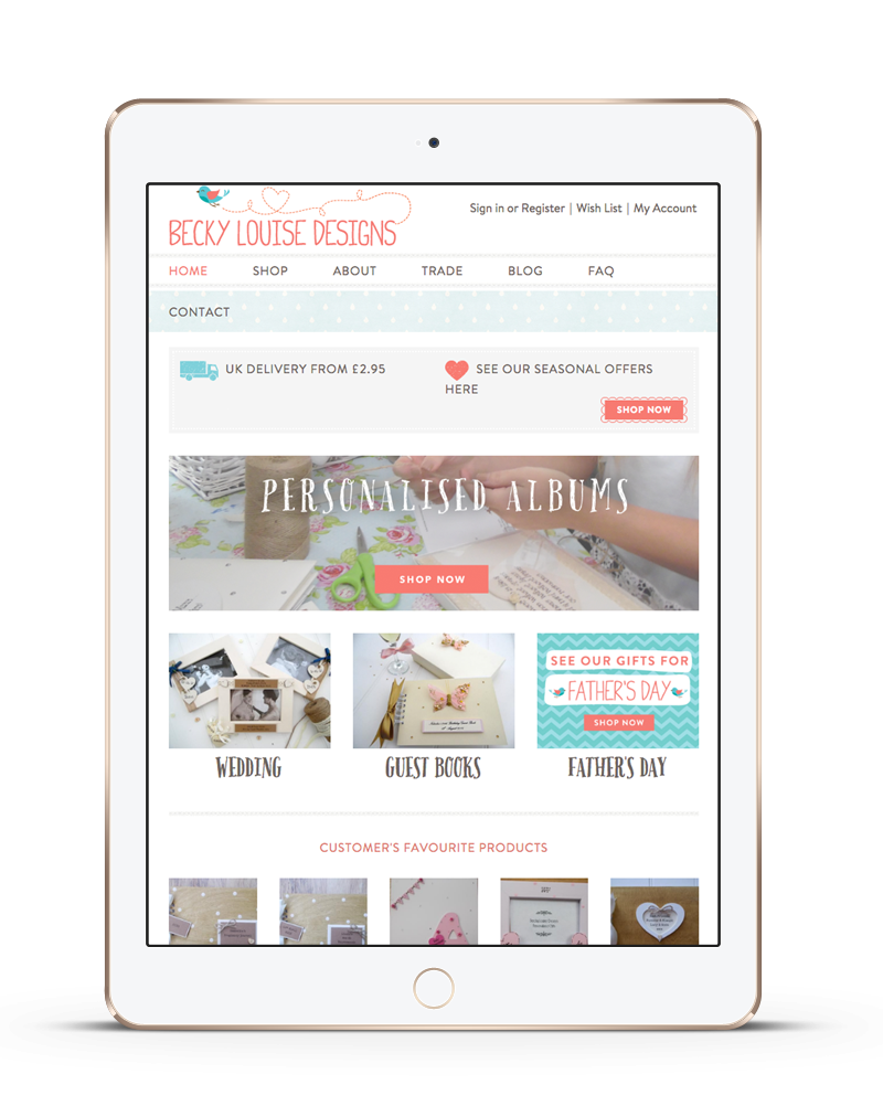 tablet showing Becky Louise ecommerce website with customised products