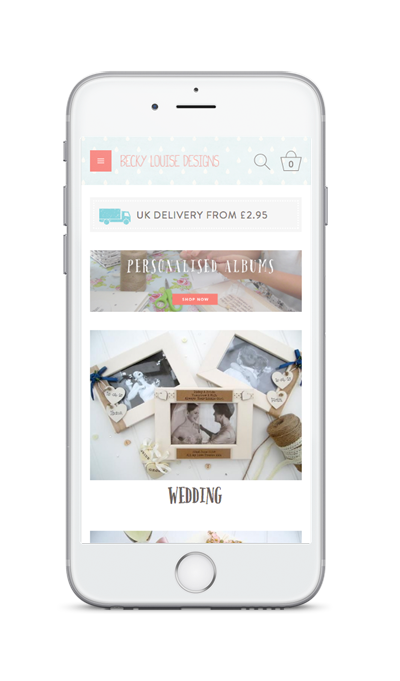 mobile showing Becky Louise ecommerce website with customised products