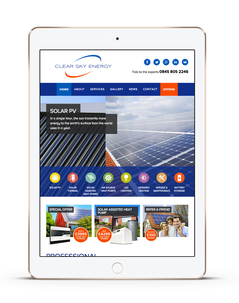 tablet showing Clear Sky Energy website built with iPages ecommerce CMS