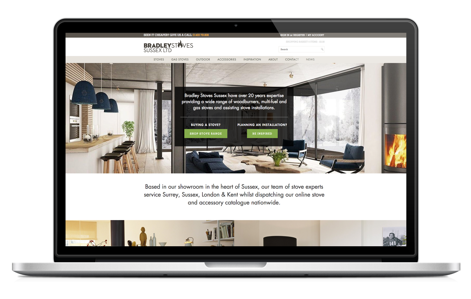 macbook showing Bradley Stoves Woodburners ecommerce website