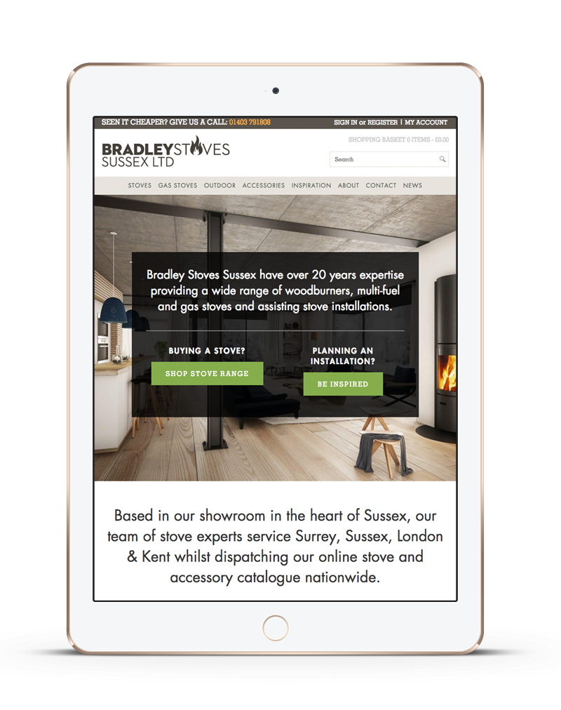 tablet showing Bradley Stoves Woodburners ecommerce website