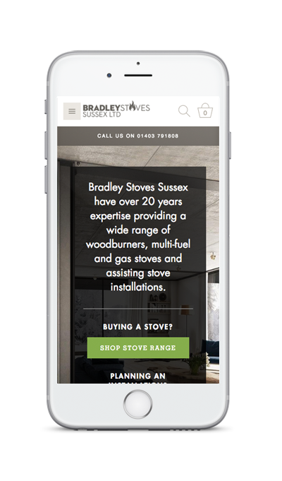 mobile showing Bradley Stoves Woodburners ecommerce website