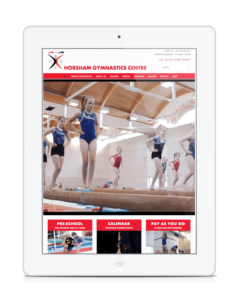 iPad showing Horsham Gymnastics Club website responsive redesign