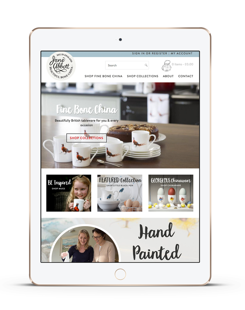 ipad showing Jane Abbott responsive ecommerce website redesign