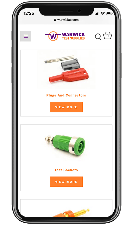 mobile showing Warwick Test Supplies ecommerce website responsive redesign with stock control