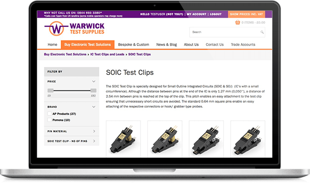laptop showing Warwick Test Supplies ecommerce website responsive redesign with stock control