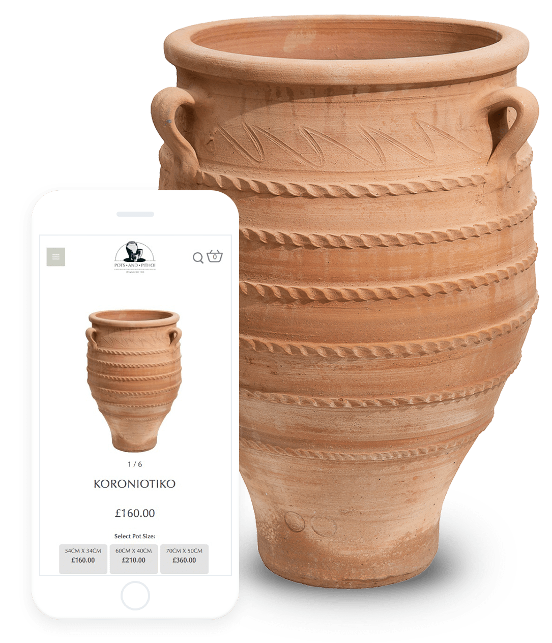 Pots and Pithoi vase and product page on mobile